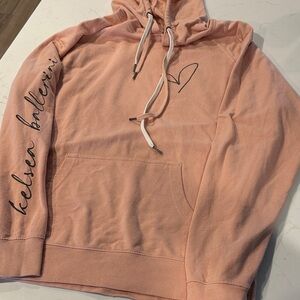 Peach Pullover Hoodie with Heart Detail and Script Sleeve